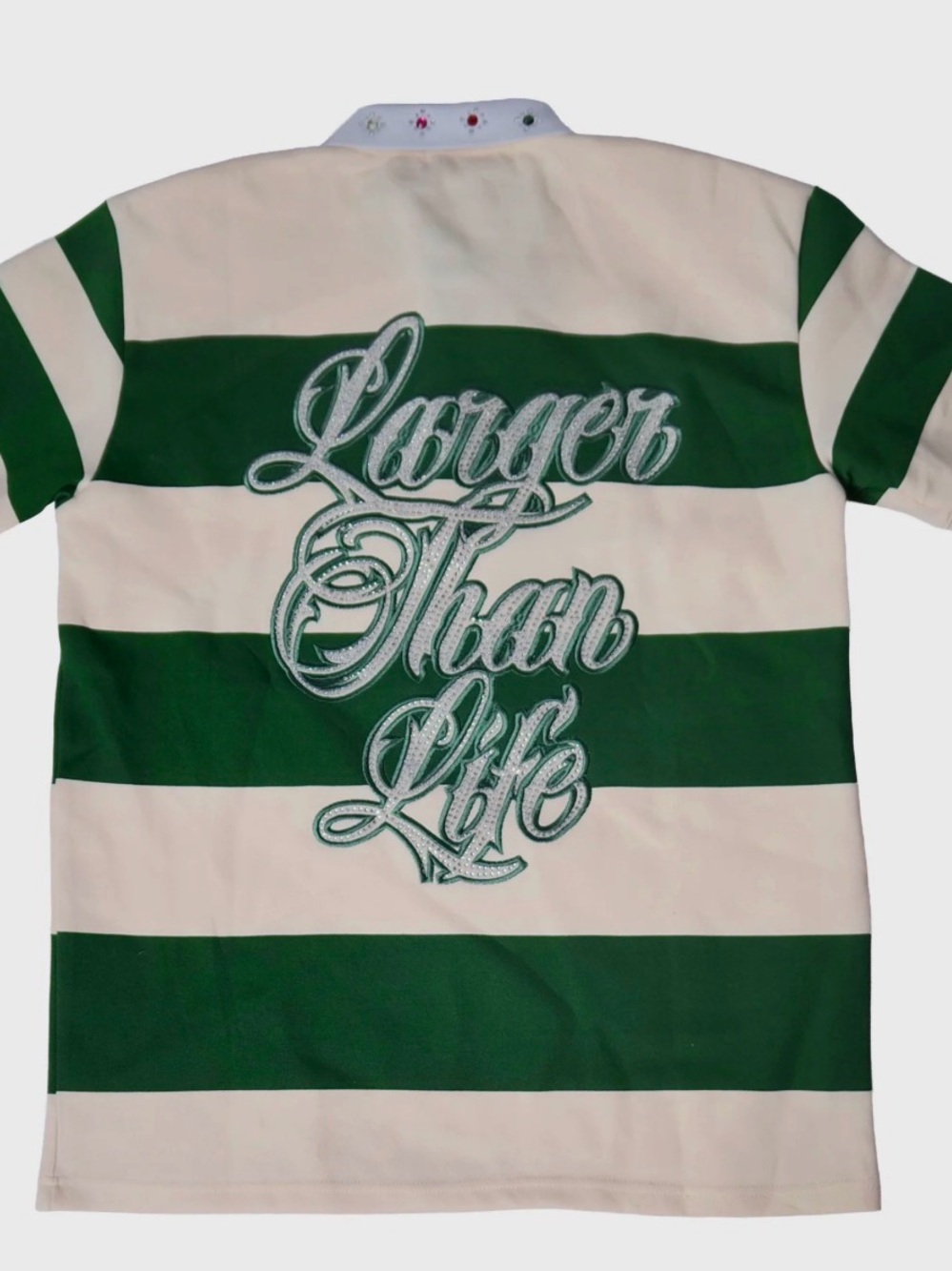 ❇️👕❇️ Watson Green  & Cream Striped Rhinestone Polo - S - Picture 5 of 7